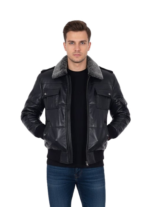 Men's Fur Windproof Air Force Puffer Black Leather Jacket