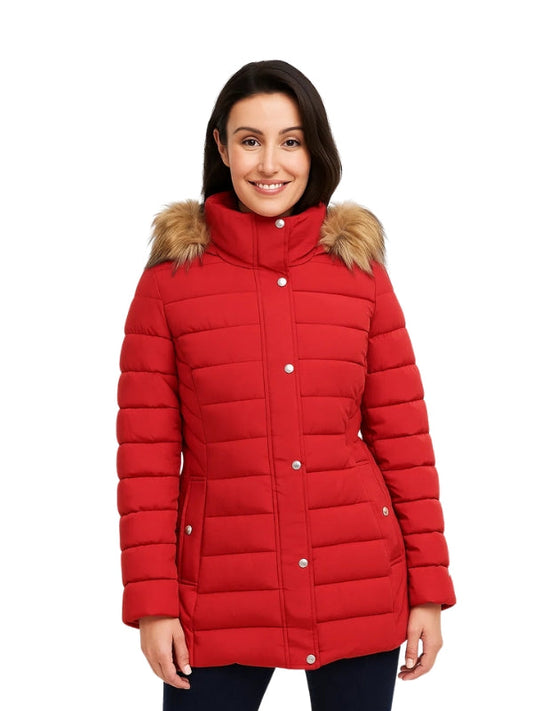 Woman wearing a red puffer jacket with fur trim on a white background